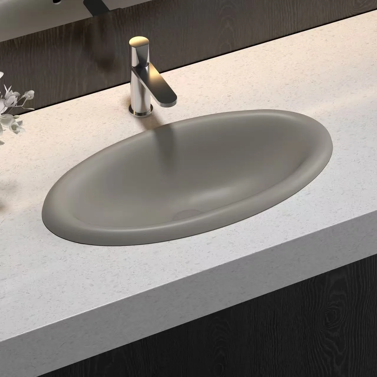 Matte black Rectangular Undermount Solid Surface Sink installed under a commercial countertop for a minimalist luxury visual.