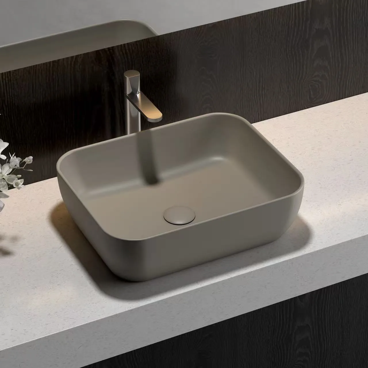 Dark grey Rectangular Vessel Solid Surface Sink demonstrating HONDAO's advanced color OEM customization capabilities.