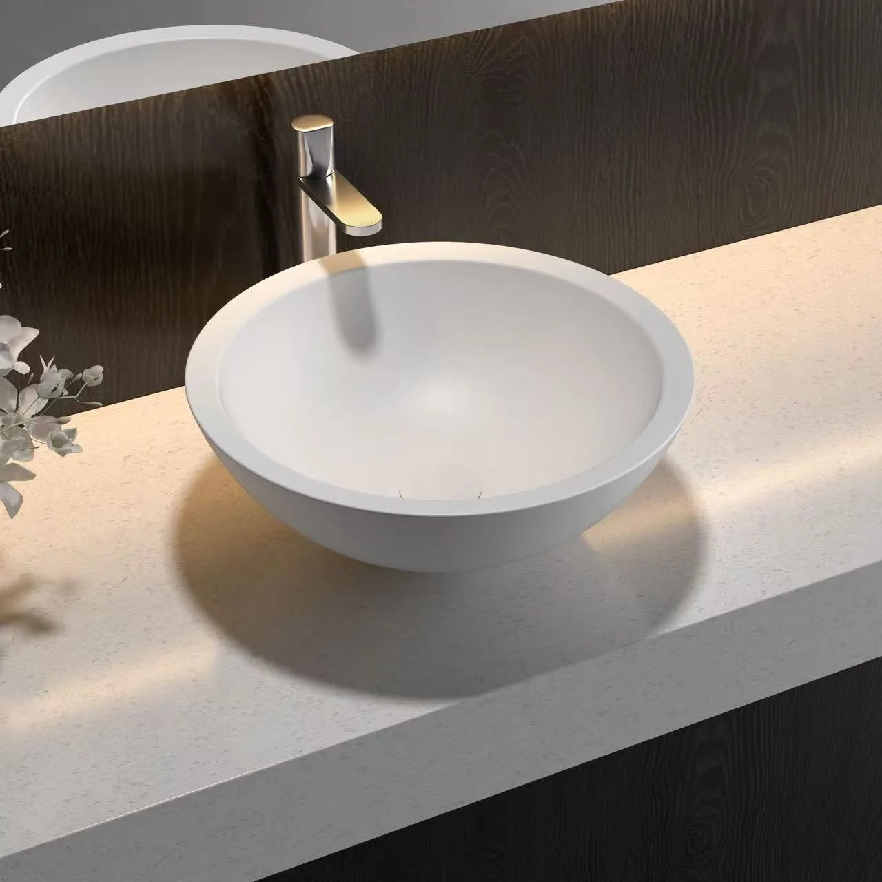 Dark grey Round Solid Surface Vessel Sink demonstrating HONDAO's advanced color OEM customization capabilities.