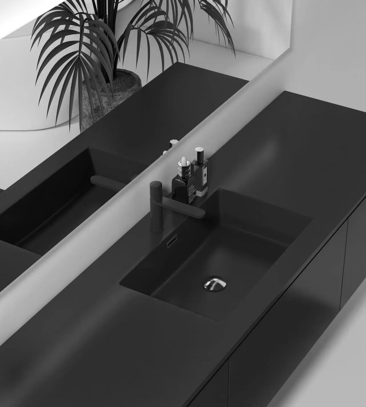 Modern Matte Black Solid Surface Integrated Offset Sink for industrial luxury bathroom