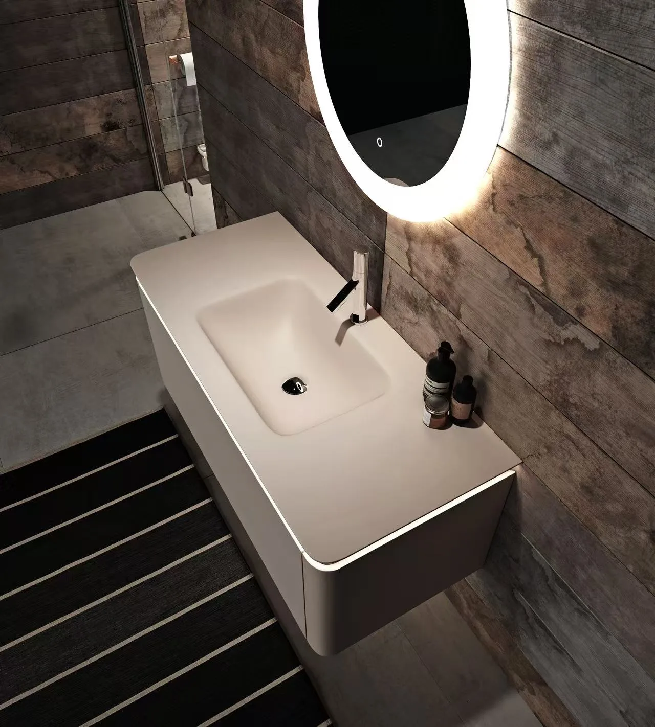Modern Beige Integrated Solid Surface Sink with Radius Corners for boutique hotel