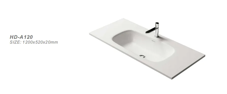 Front angle specification view of the HD-A120 solid surface vanity top showing the precise commercial edge design.