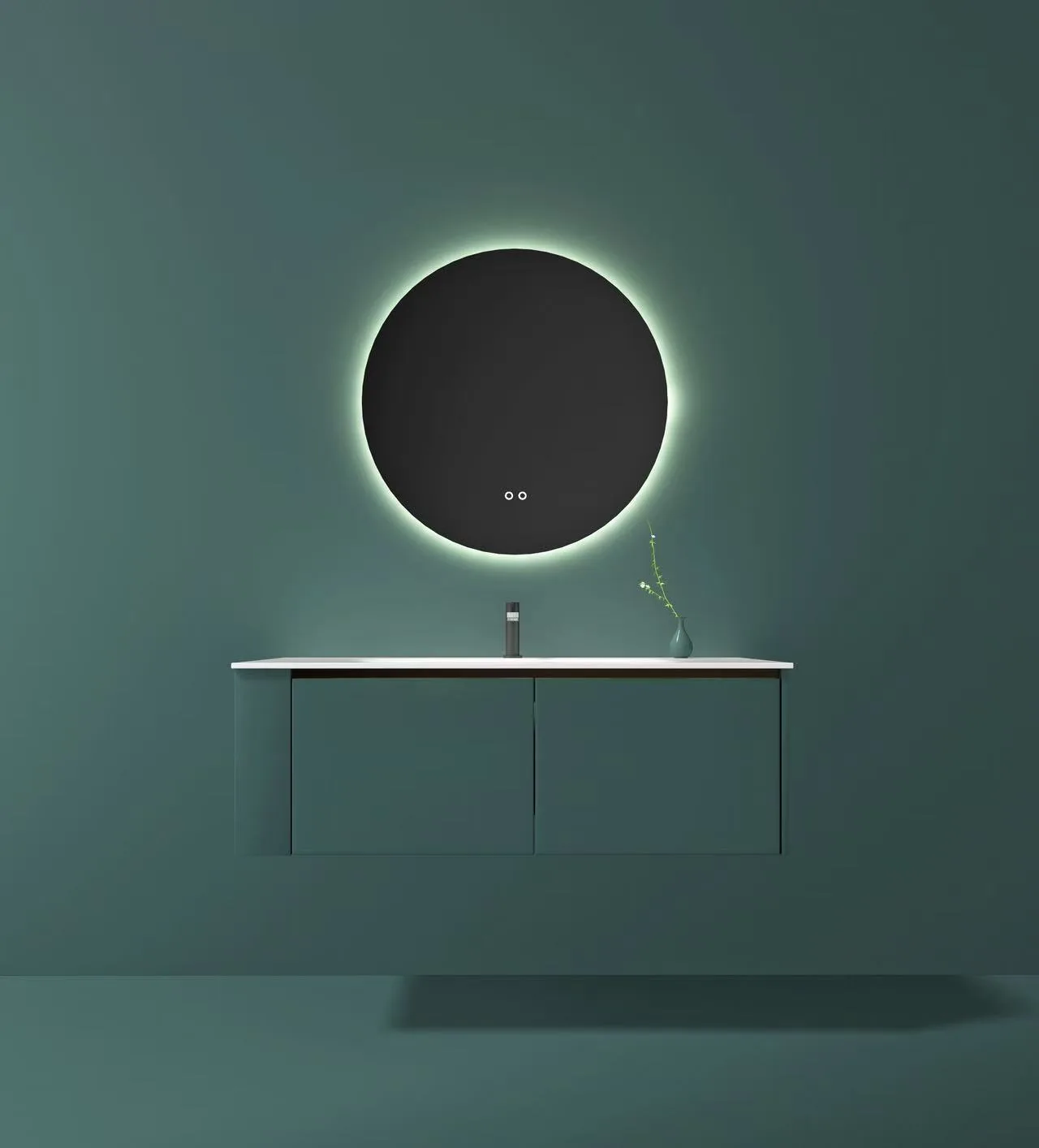 Commercial-grade white solid surface washbasin installed in a high-end hotel restroom beneath an LED backlit mirror.