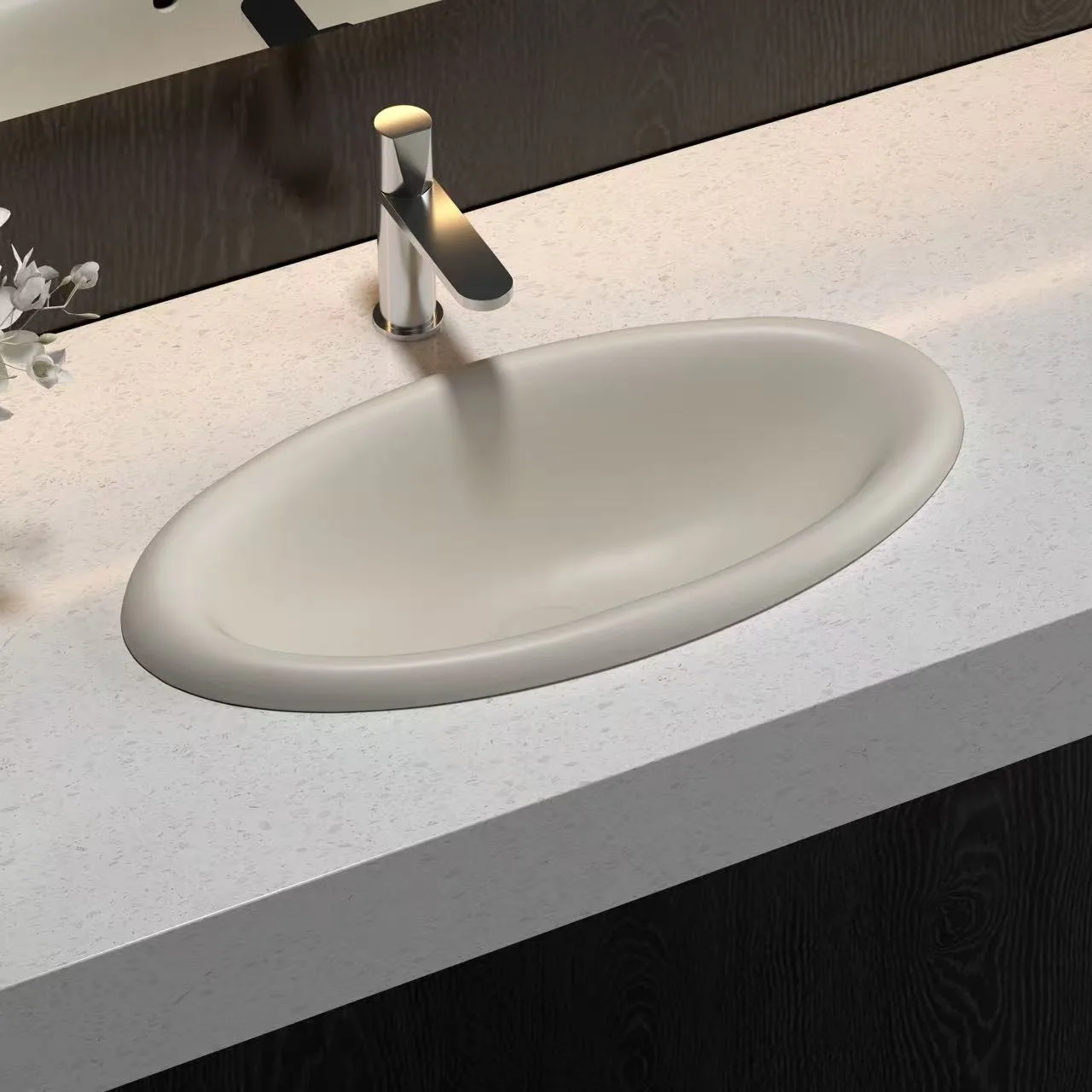 Minimalist beige Rectangular Undermount Solid Surface Sink perfectly complementing a custom wood storage cabinet setting.