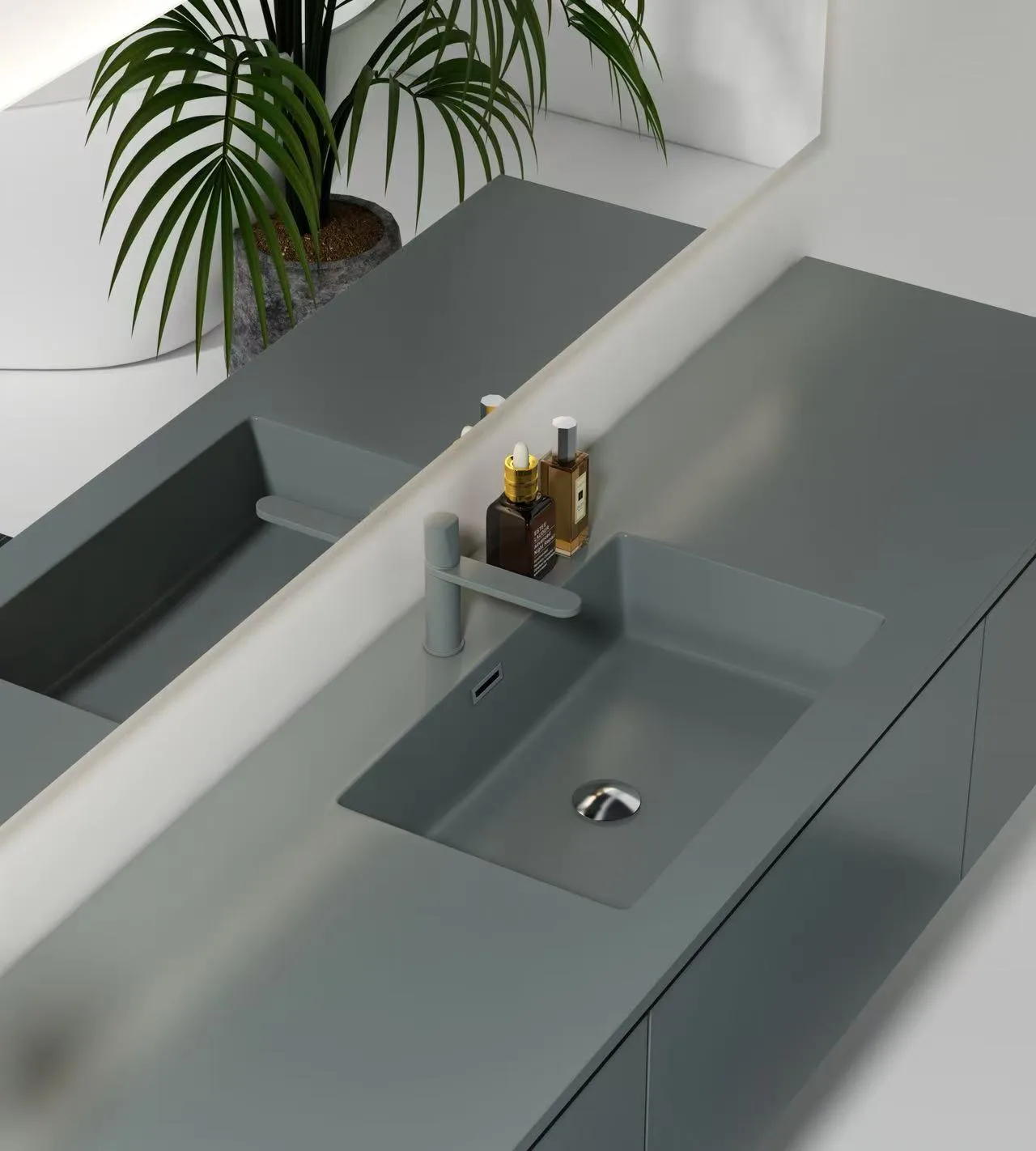 Premium Seamless Solid Surface Integrated Offset Sink with extended counter space