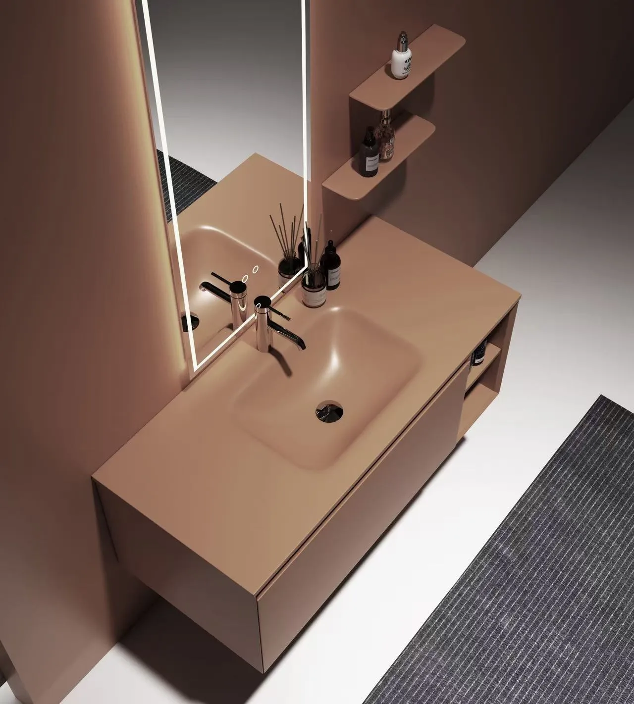 Modern Beige Integrated Solid Surface Sink with Radius Corners for boutique hotel