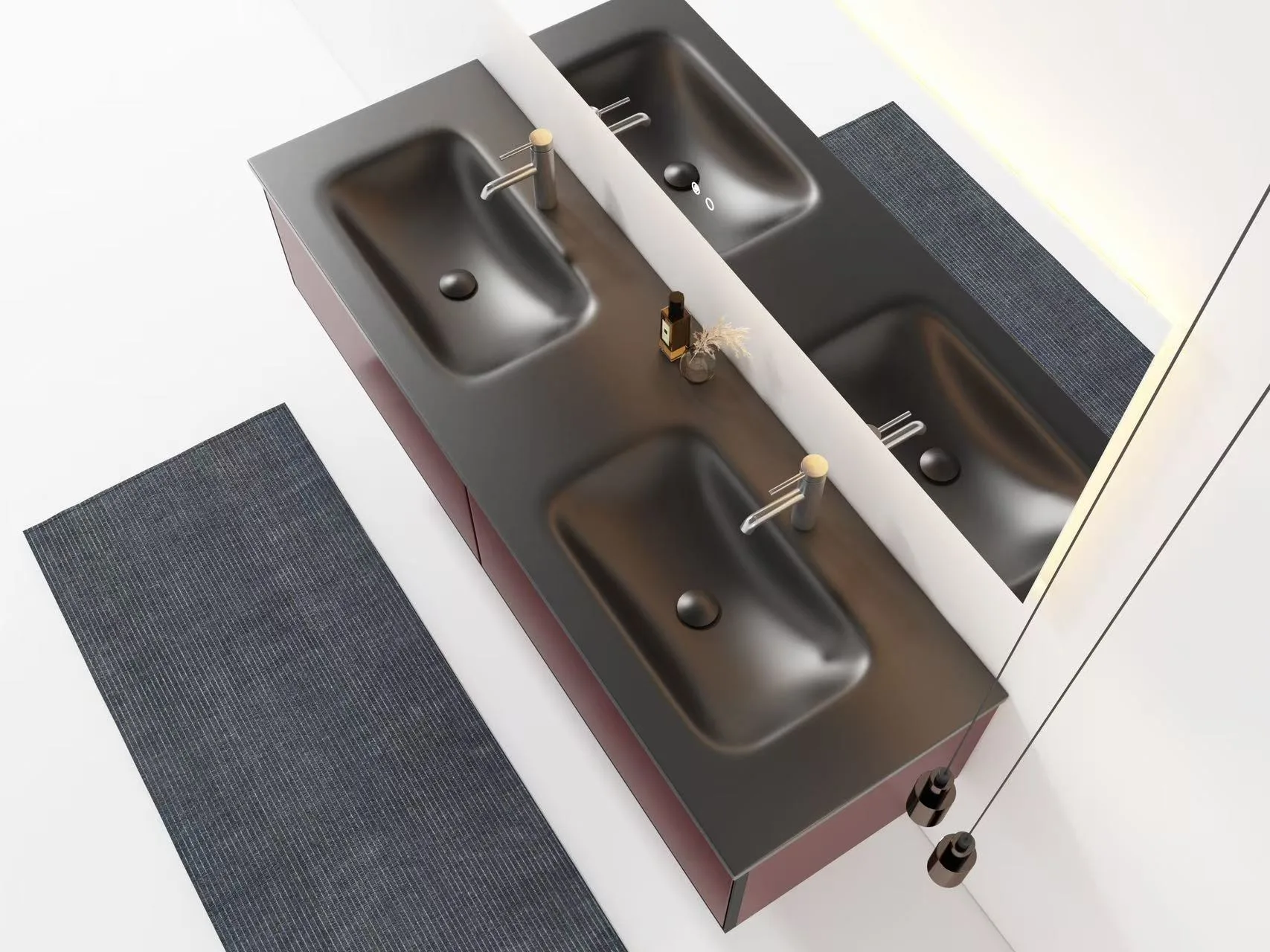 Isometric view of the HD-F200 matte dark grey gel-coat vanity top showing the 20mm edge profile.