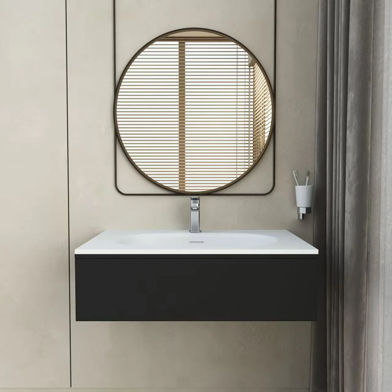 ommercial-grade white gel-coat single vanity top resting on a dark grey bathroom cabinet in a hotel suite.