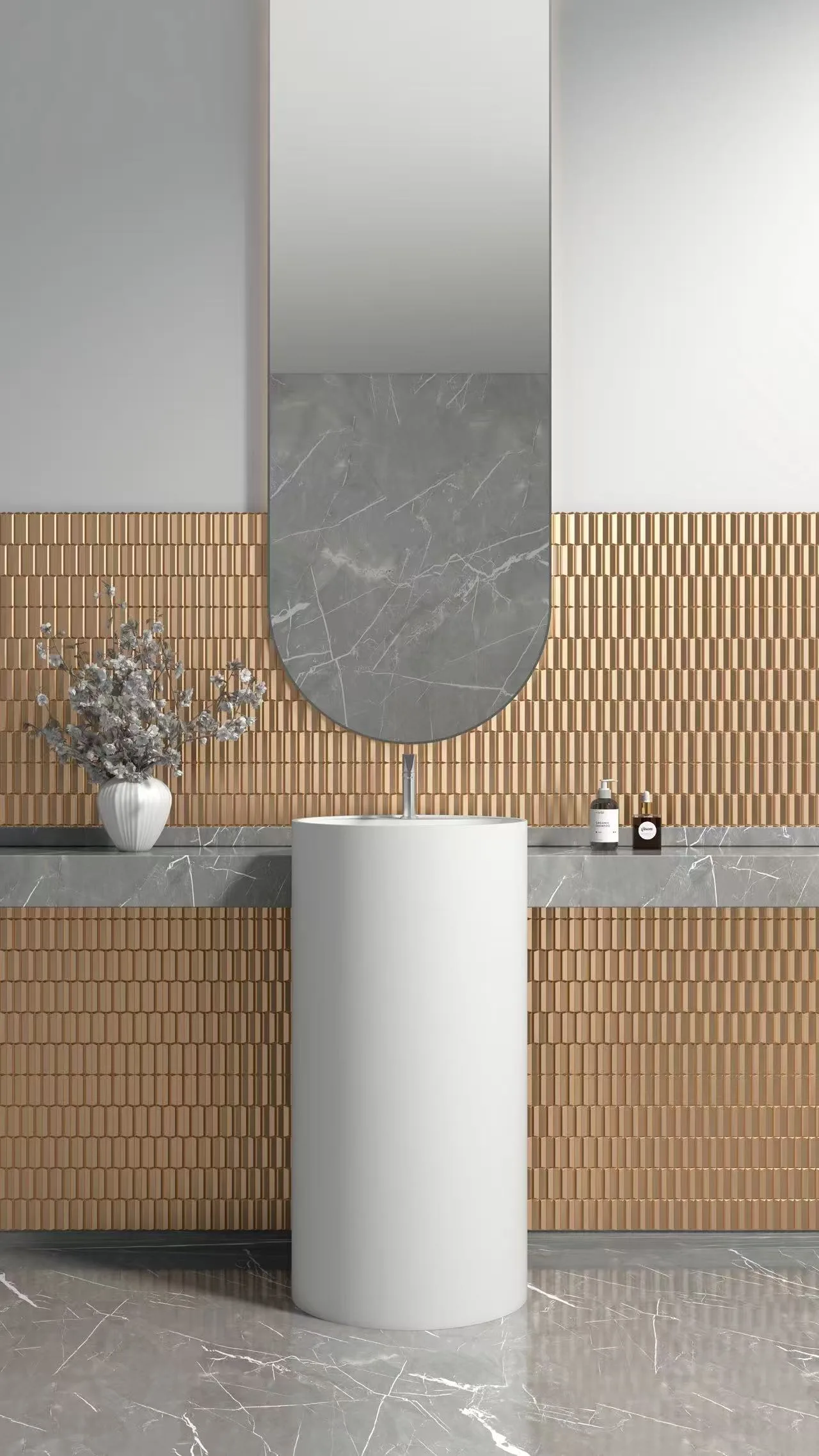 HONDAO modern pedestal sink featuring a sleek cylindrical profile, installed in a luxury boutique hotel powder room.