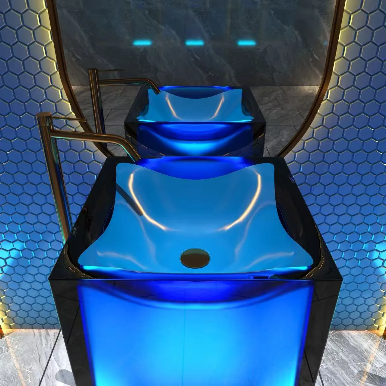 Row of illuminated blue square resin pedestal sinks acting as statement pieces in an avant-garde boutique hotel environment.