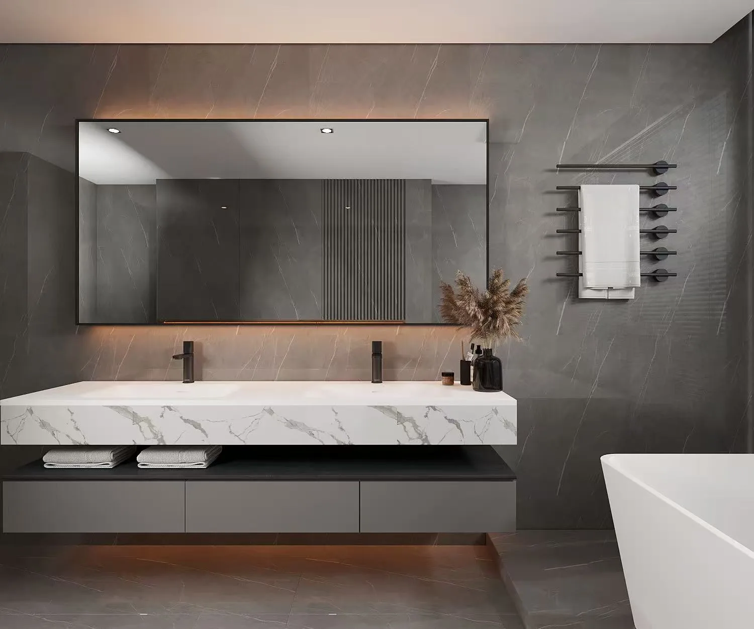 White integrated cultured marble double vanity top installed on a dark green floating cabinet with copper wall-mounted faucets.
