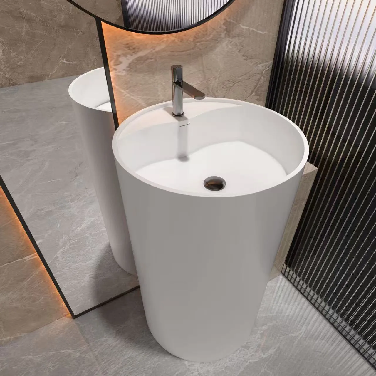 Specification rendering of the HD-LZ102 modern pedestal sink detailing its Φ450x850mm dimensions and integrated faucet deck.