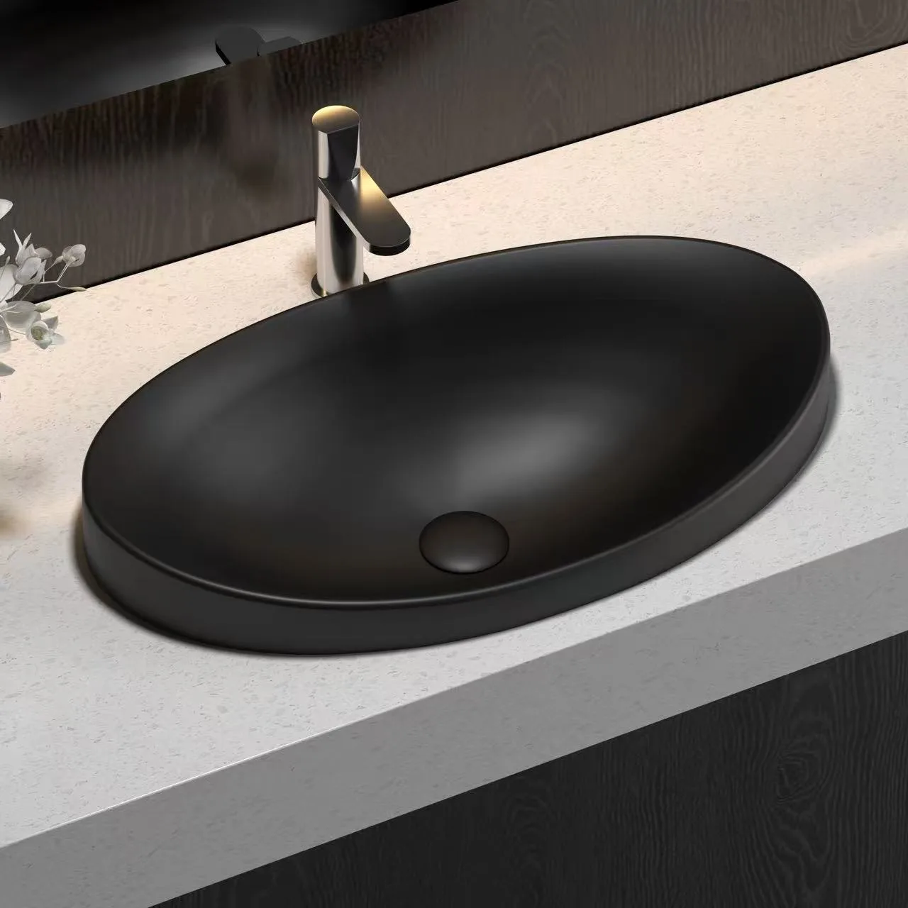 Warm sand colored oval solid surface sink perfectly complementing a minimalist luxury interior design scheme.