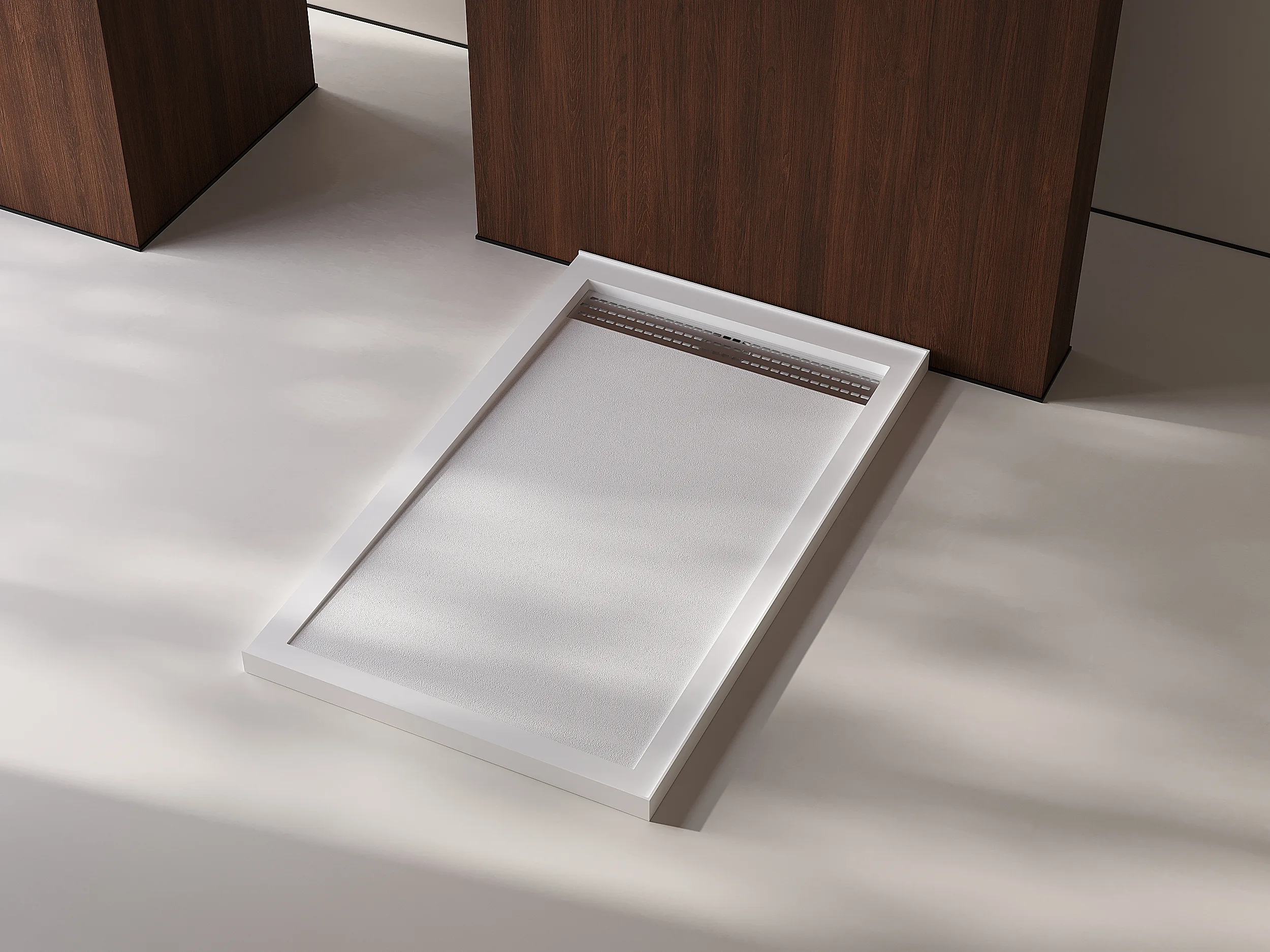 A highly durable matte white artificial stone shower base installed in a cohesive luxury commercial bathroom setting.