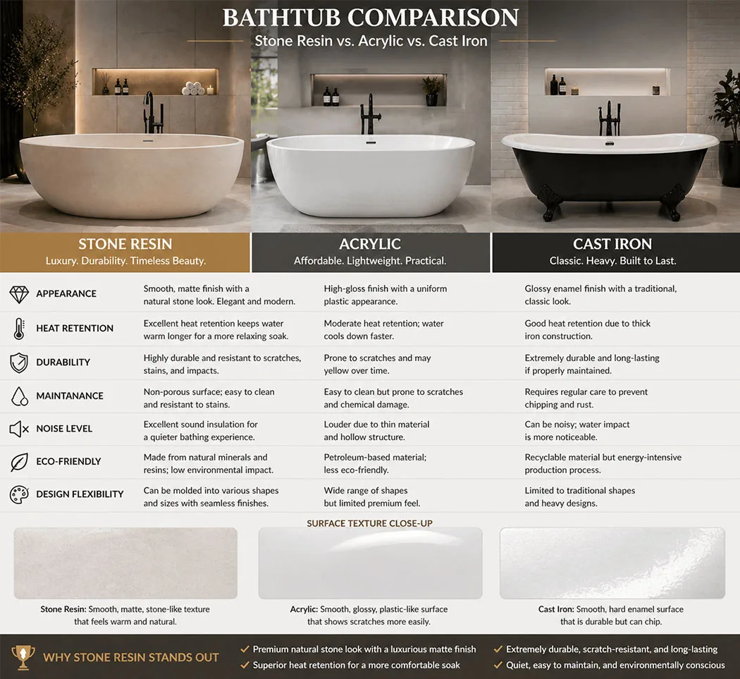 Comparison of stone resin bathtub, acrylic, and cast iron bathtubs