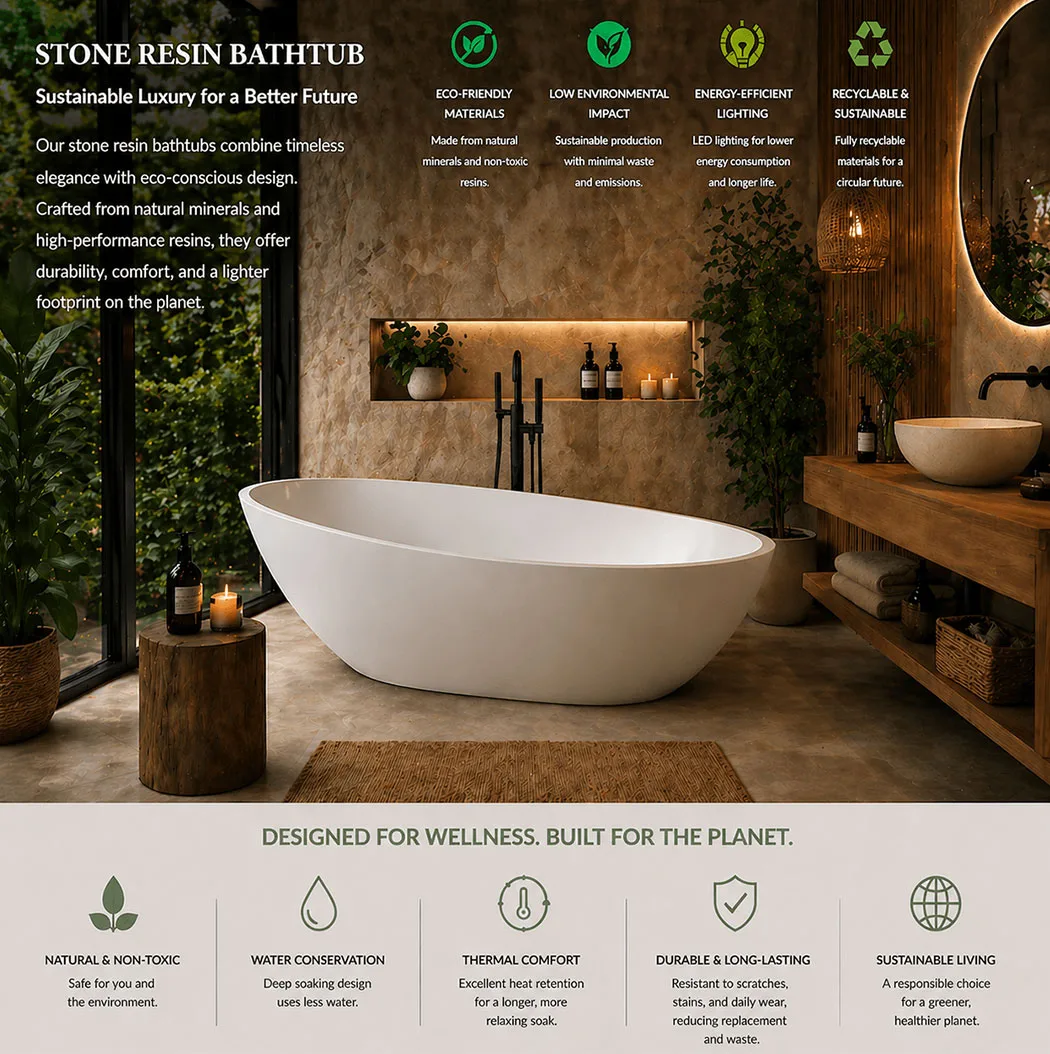 Eco-friendly stone resin bathtub in a sustainable bathroom