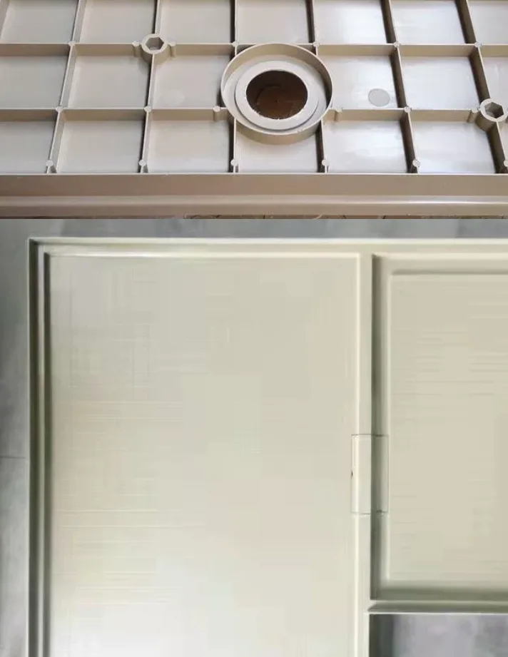 The hollow ribbed grid underside of a standard SMC shower base, highlighting the risk of structural deflection in commercial builds.