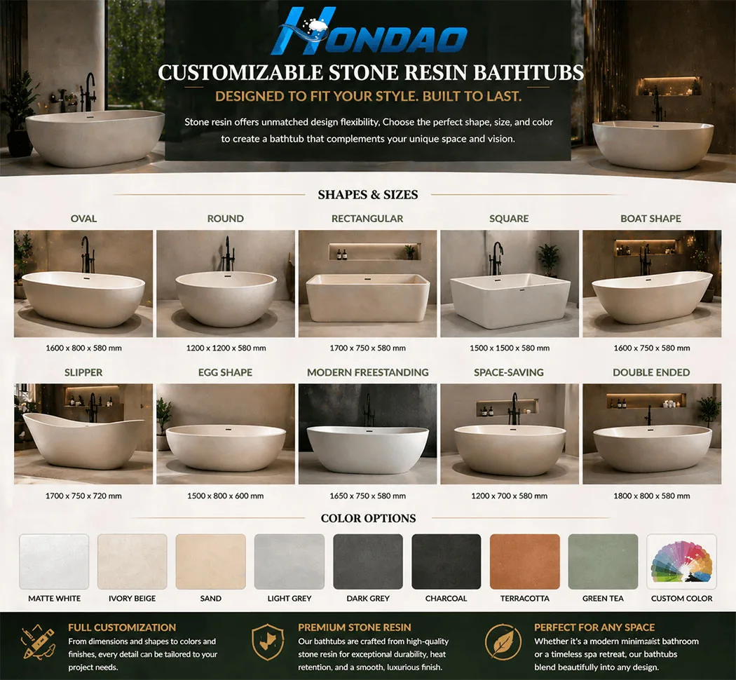 Various customizable stone resin bathtubs in different shapes and sizes.