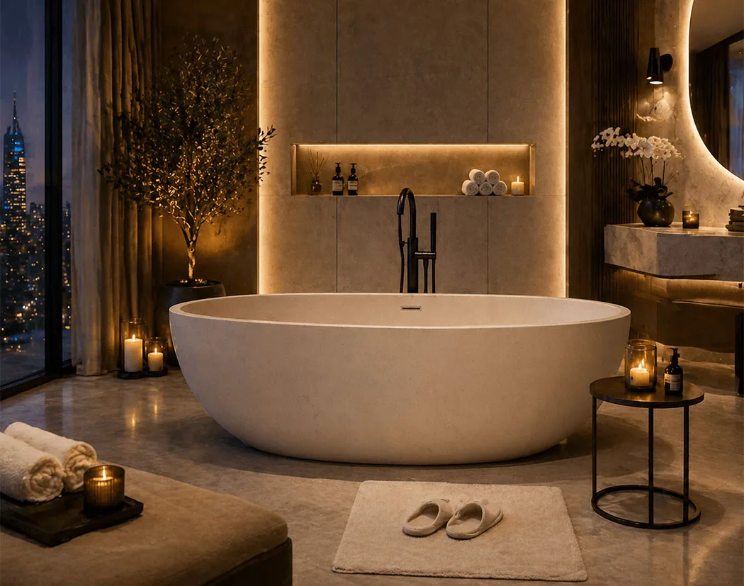 a smooth, elegant stone resin bathtub in a modern bathroom