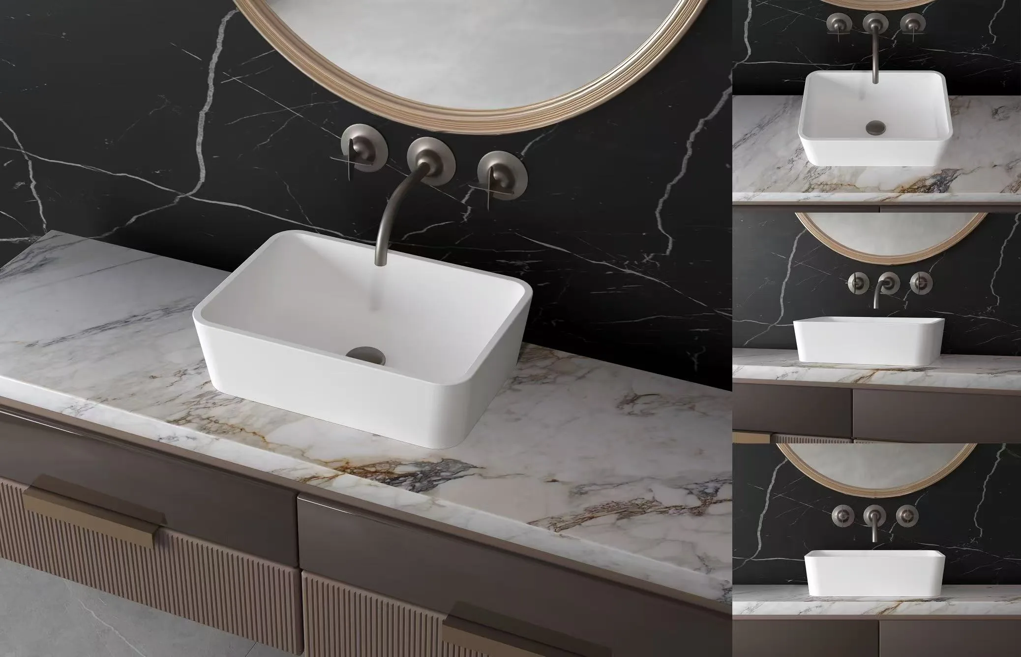 Collage view of a matte white solid surface rectangular vessel sink paired with a wall-mounted faucet on a luxury marble vanity.