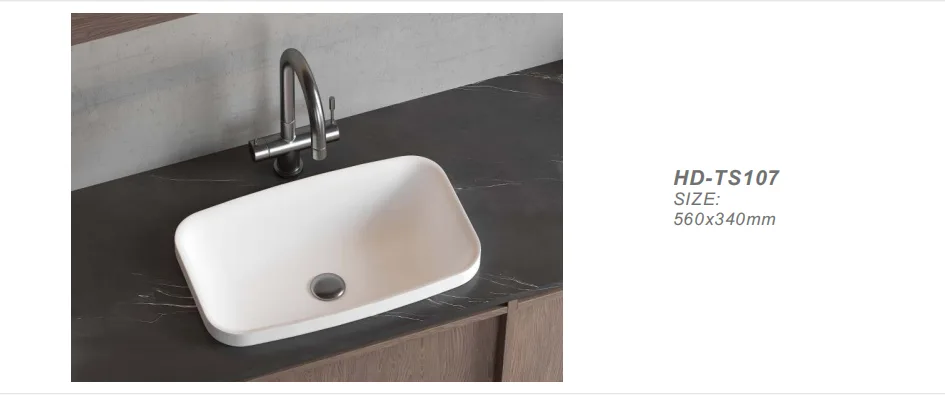 HD-TS107 dimensions 560x340mm Solid Surface Rectangular Basin on a dark vanity.
