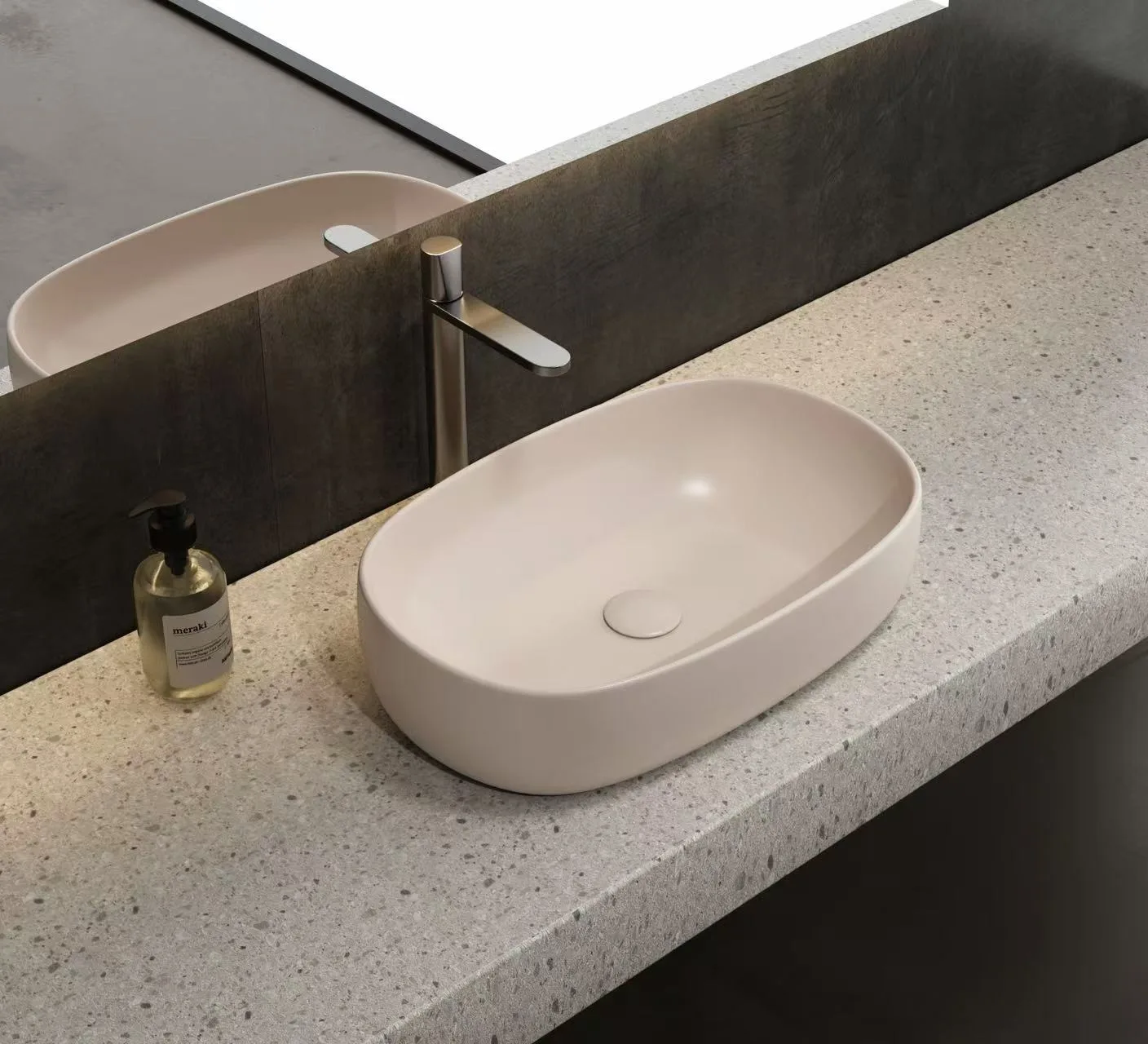 Light grey Solid Surface Oval Basin showcasing an ultra-thin edge design and smooth matte finish.