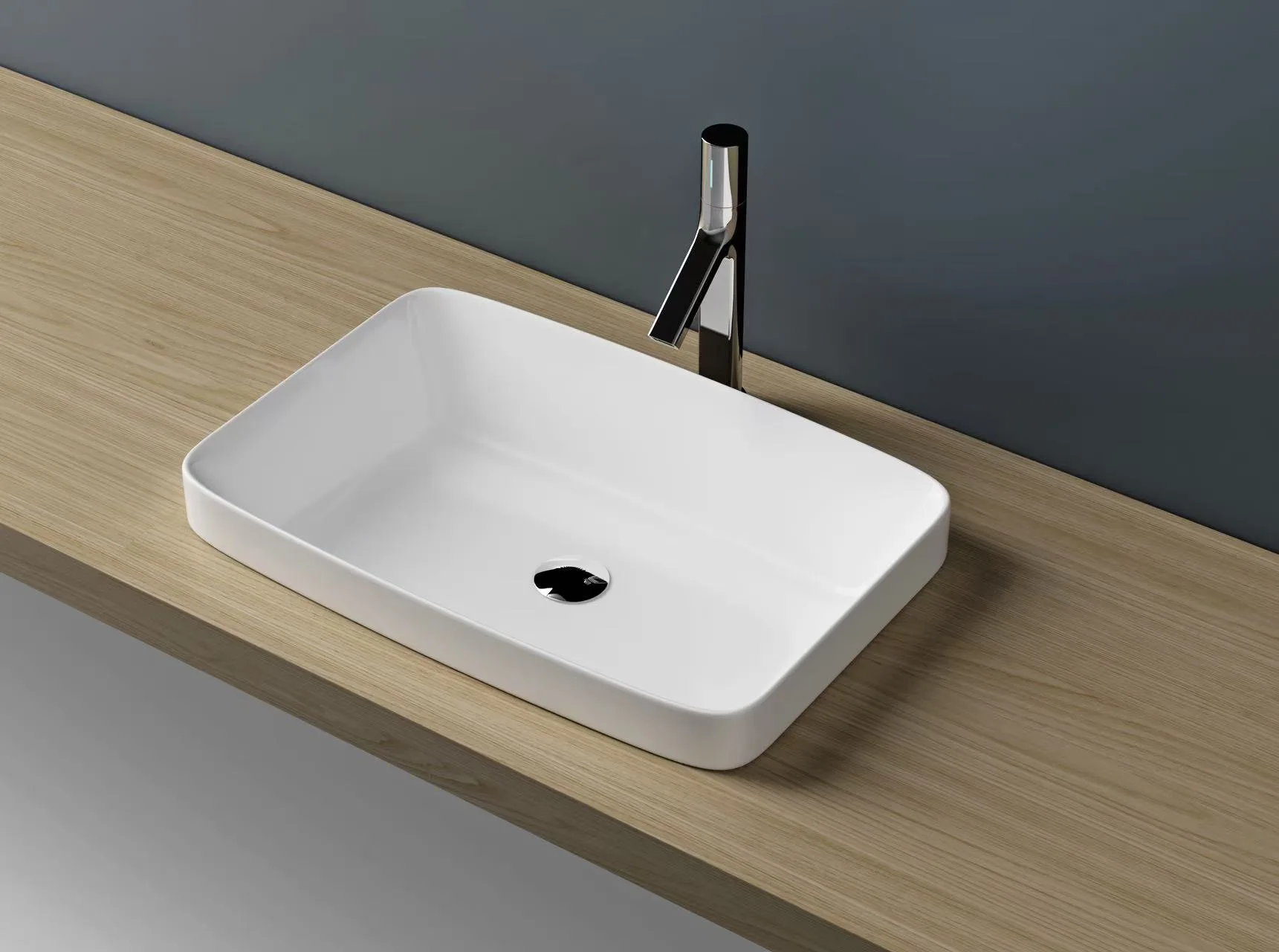 Glossy white Solid Surface Rectangular Basin installed on a minimalist light wood cabinet.