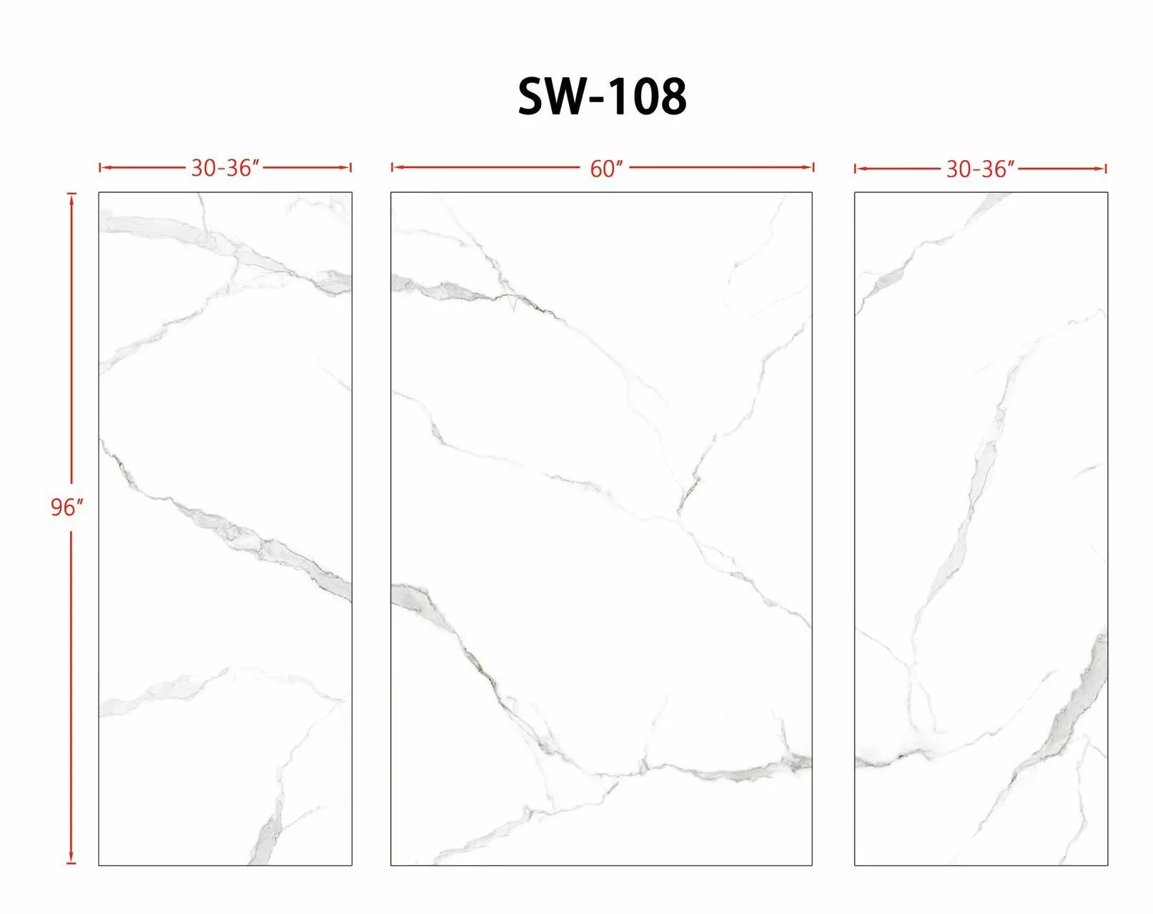 Engineering schematic for 96-inch tall seamless marble shower panels showing continuous veining.