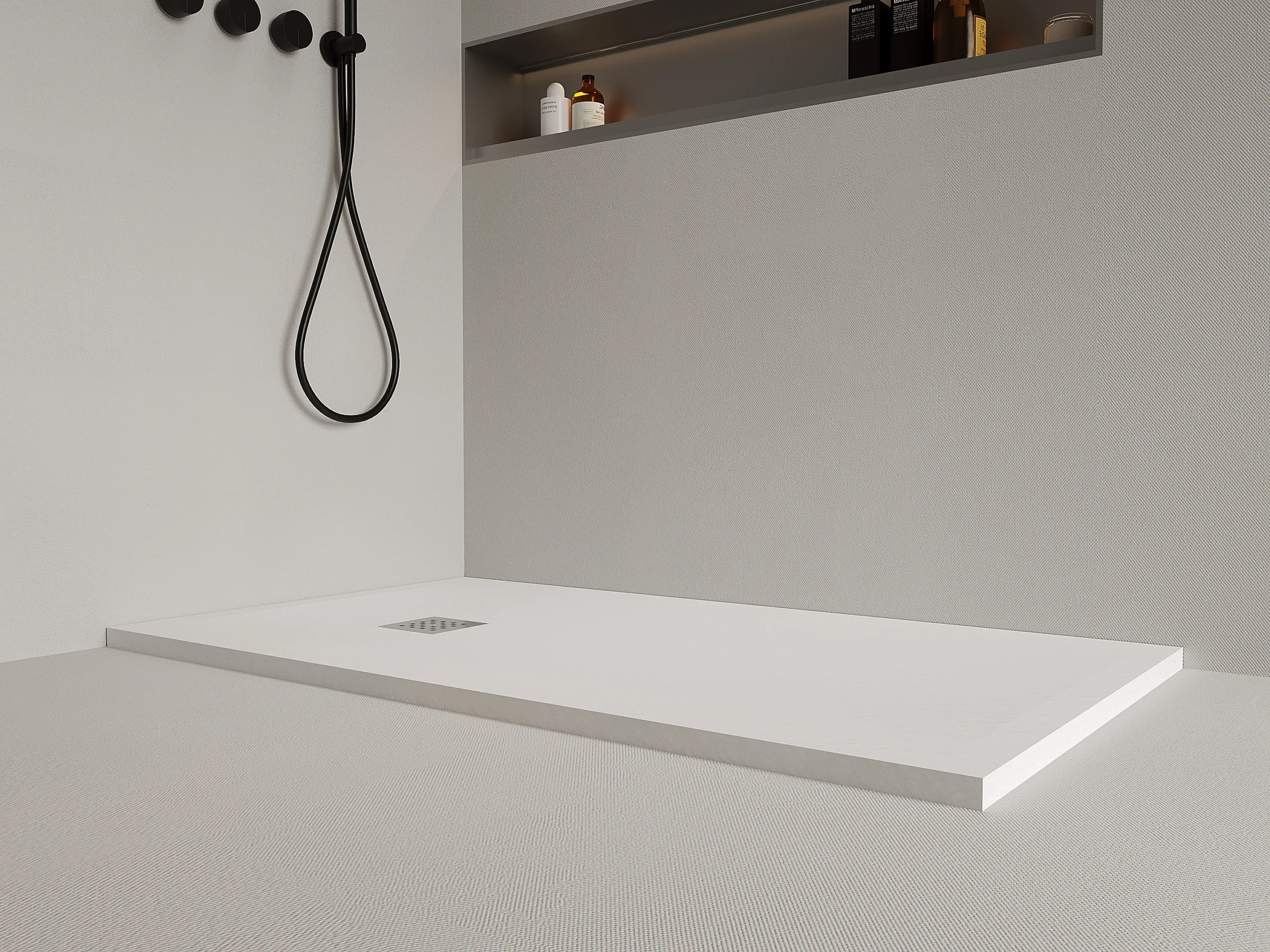 Perspective view of a solid and low-profile Artificial Stone Shower Base demonstrating high structural rigidity and premium stone texture.