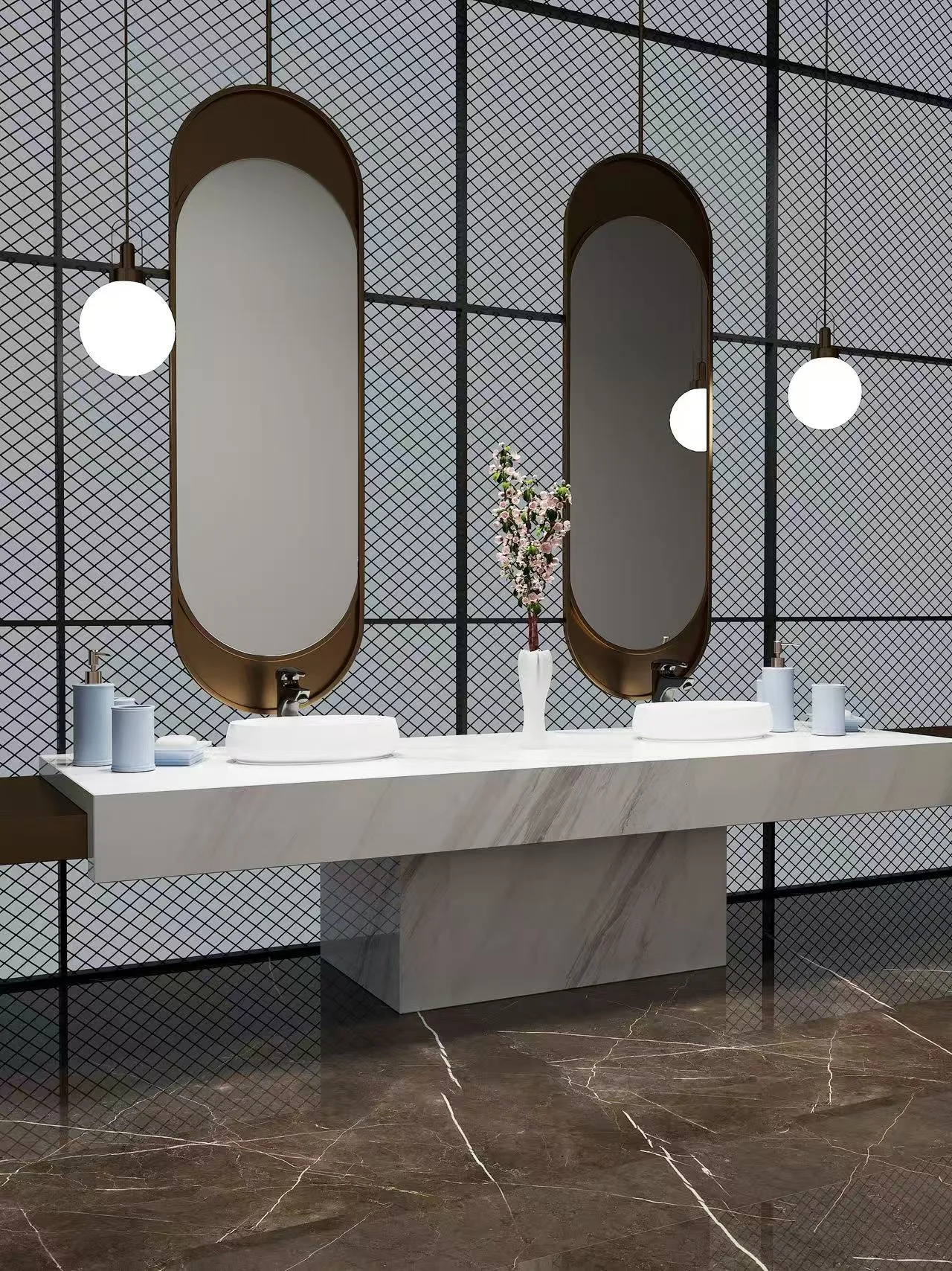 Double vanity setup in a luxury commercial washroom featuring two solid surface oval vessel sinks and bronze capsule mirrors.