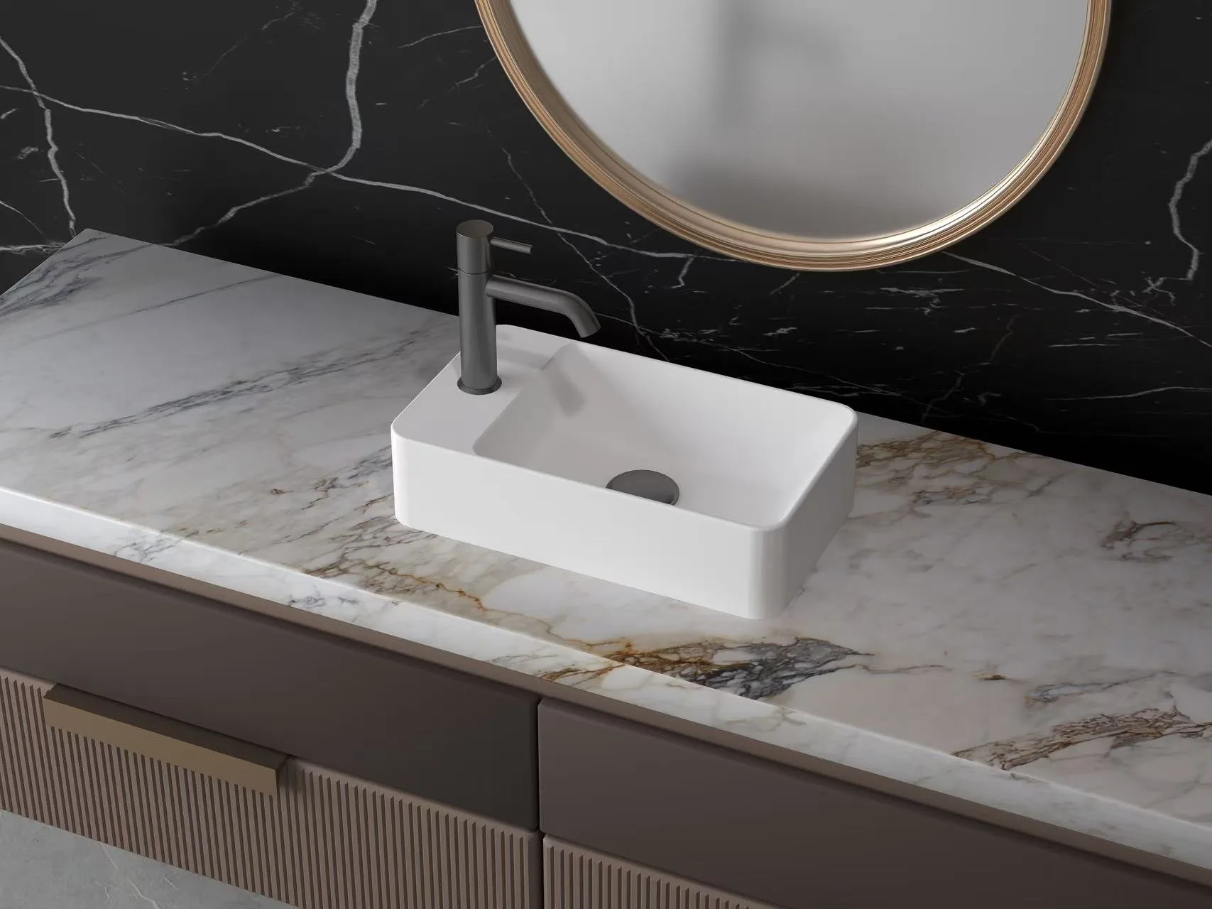Commercial-grade solid surface rectangular vessel sink paired with a matte black faucet in a luxury hospitality washroom.
