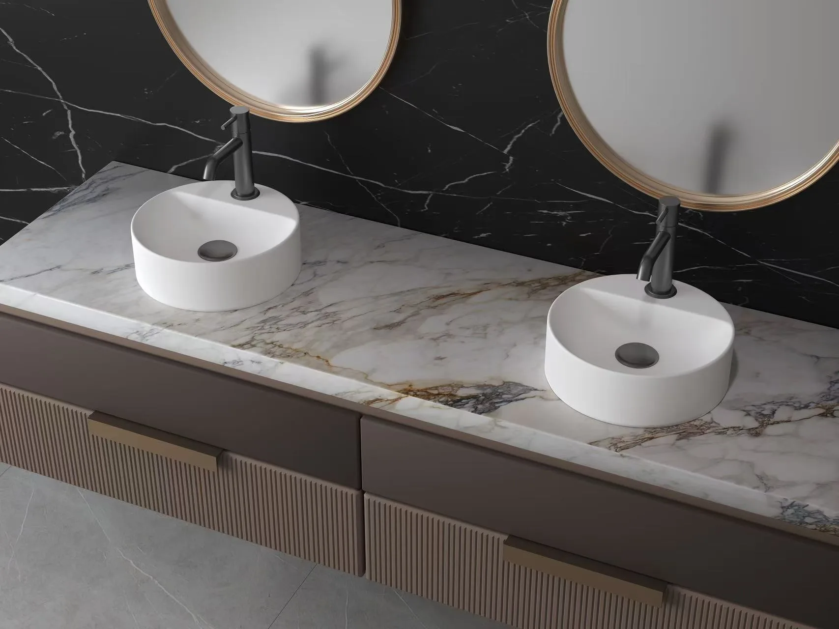 Luxury commercial bathroom featuring a double vanity setup with two solid surface round vessel sinks and dark marble finishes.