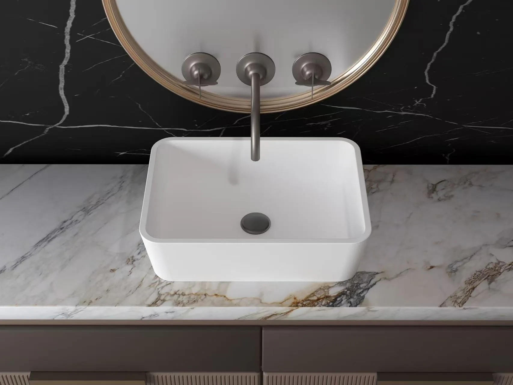 Top-down architectural view of a solid surface rectangular vessel sink showcasing its easy-to-clean soft R-corners and minimalist design.
