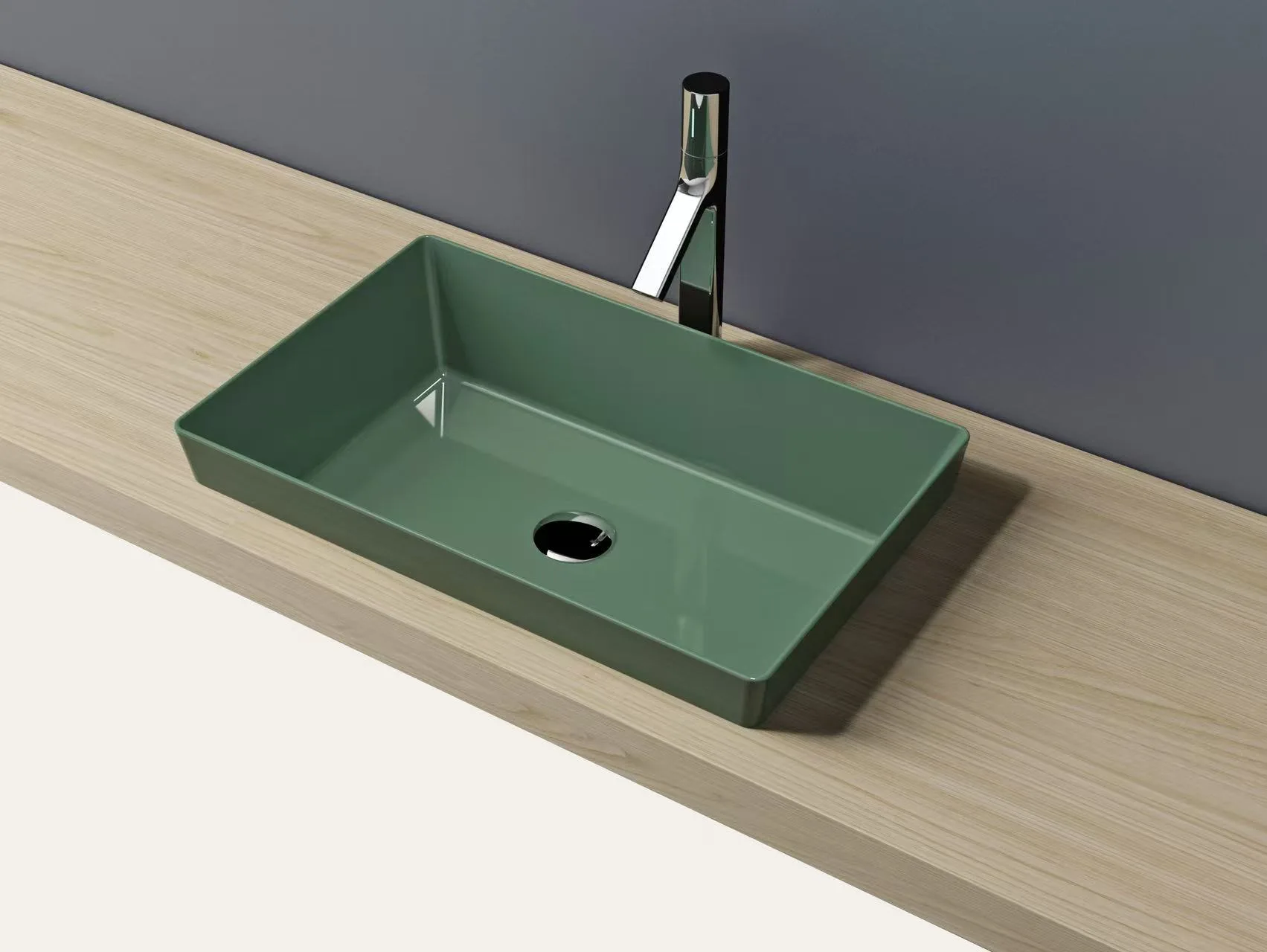Commercial-grade glossy green solid surface thin-edge vessel sink paired with a chrome faucet on a modern wooden vanity.