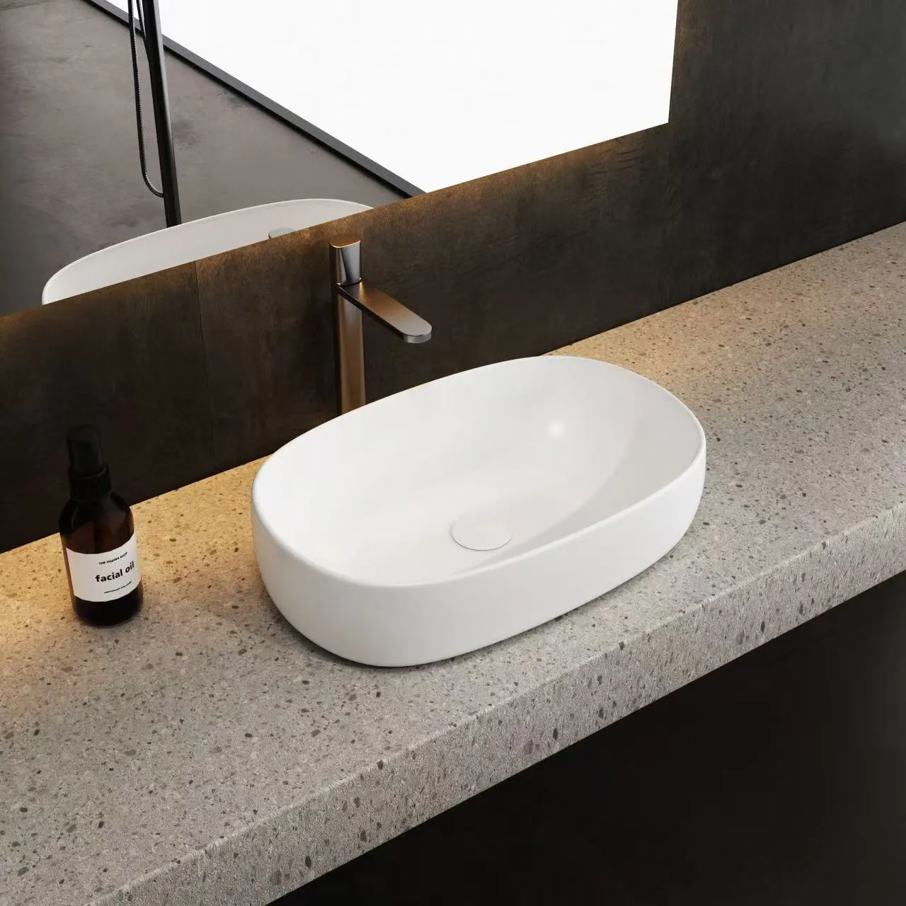 Double vanity hospitality setup featuring two beige Solid Surface Oval Basin units and minimalist cabinets.