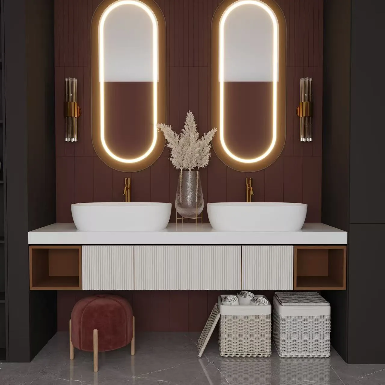 Luxury double vanity setup featuring two Matte Solid Surface Vessel Sink units on a custom fluted cabinet.
