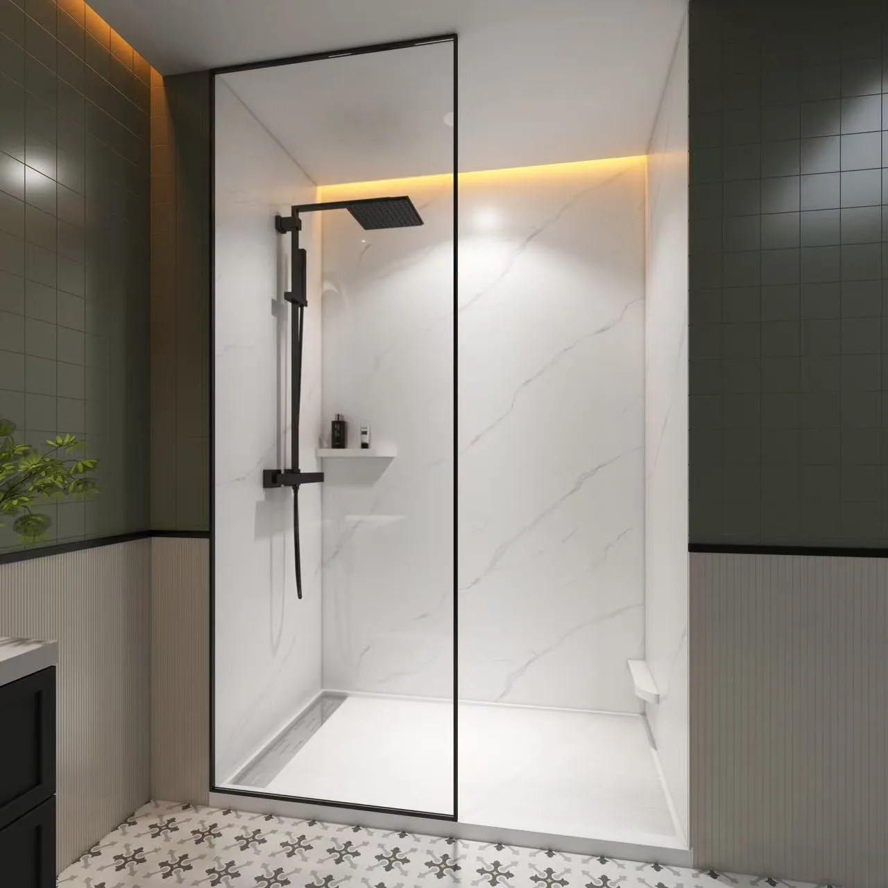 Luxury commercial bathroom featuring grout-free artificial stone shower wall panels, matte black fixtures, and a matching solid surface base.Artificial Stone Shower Wall Panels