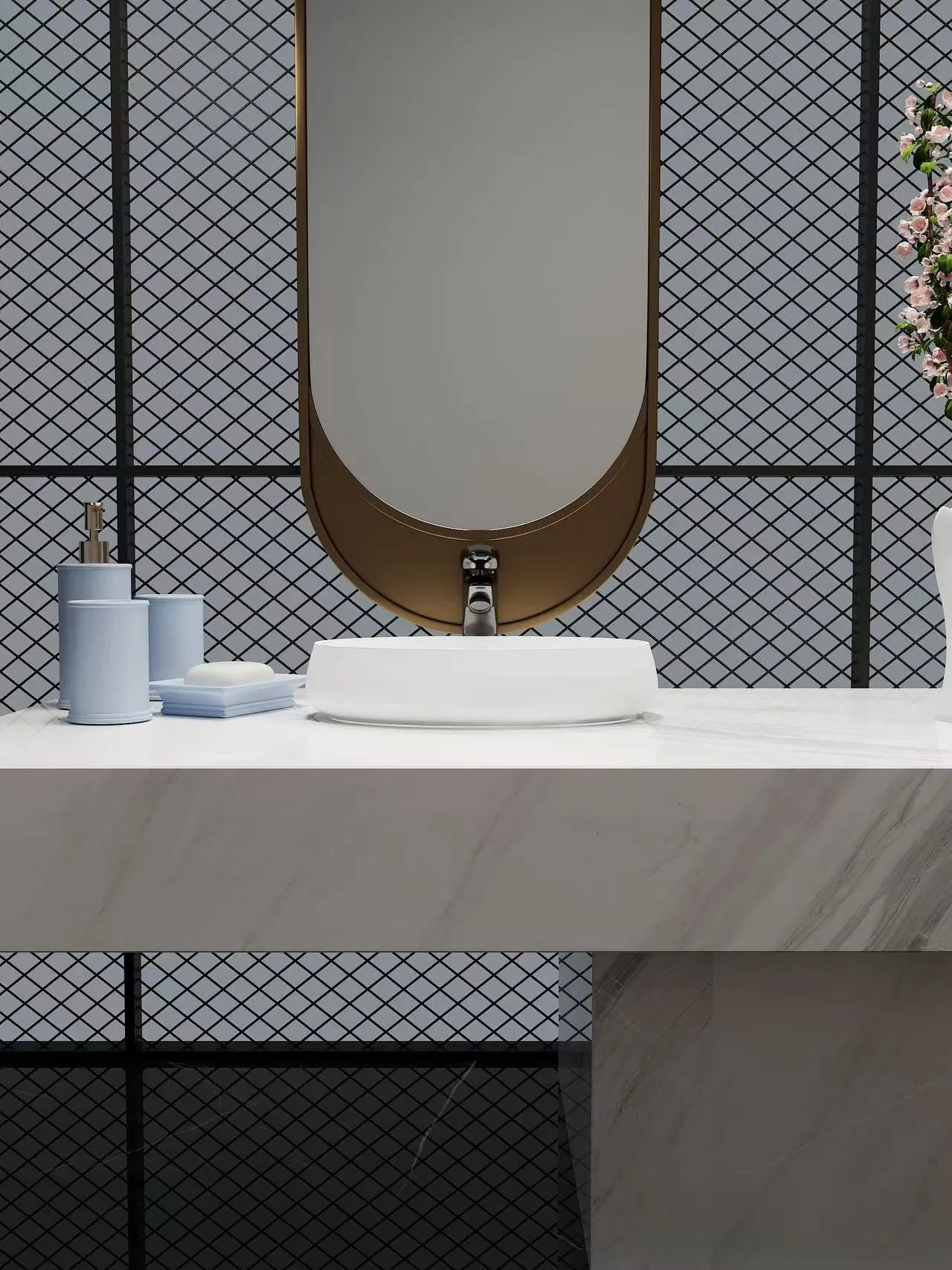 Close-up front view of a minimalist solid surface oval vessel sink showcasing its smooth, low-profile architectural curves.
