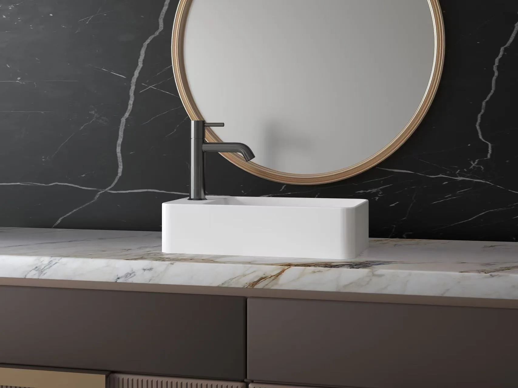 Close-up view of a solid surface rectangular vessel sink showcasing its easy-to-clean soft R-corners and non-porous finish.