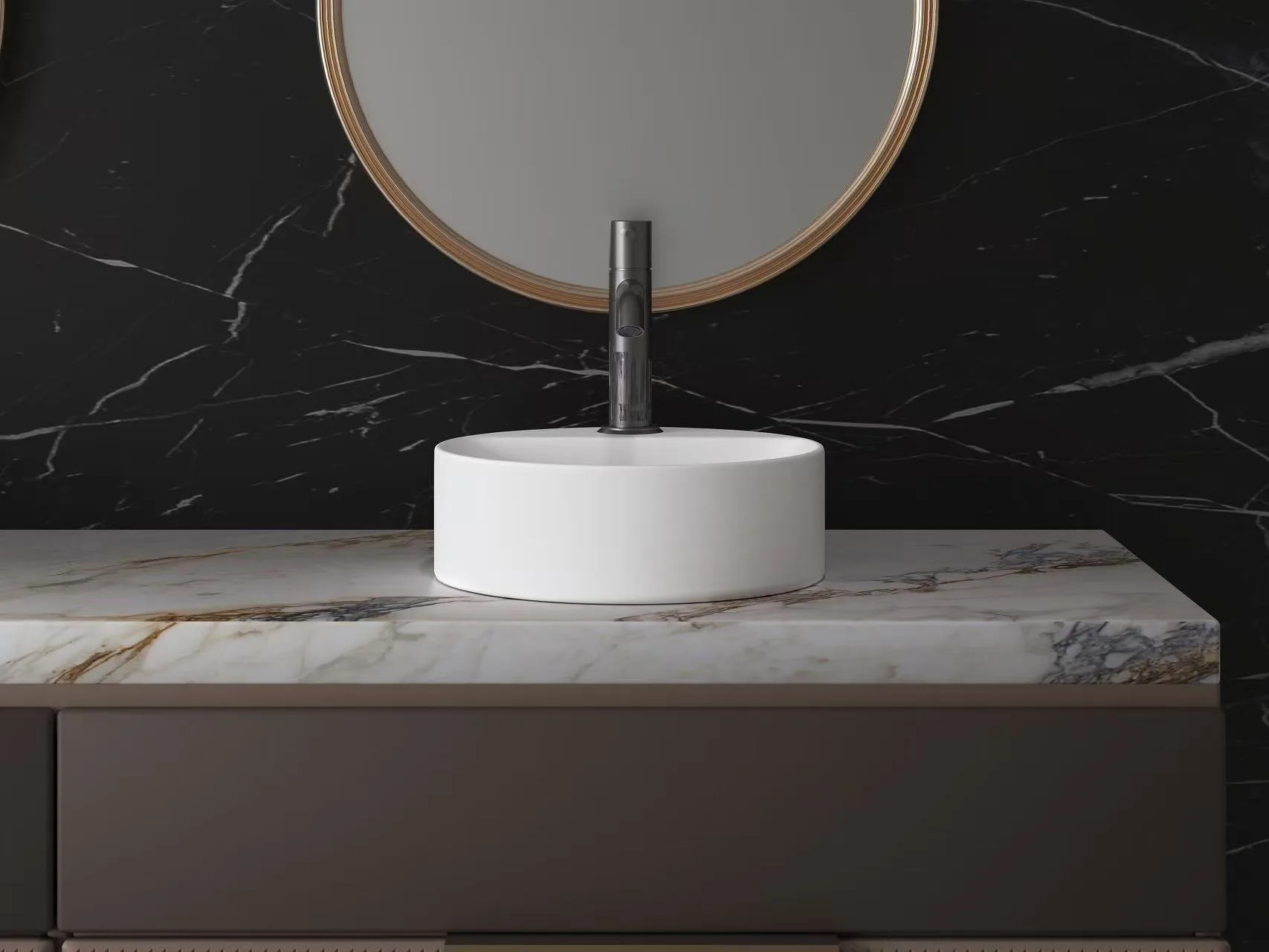 Front architectural view of a solid surface round vessel sink showcasing its seamless bowl and integrated deck structure.