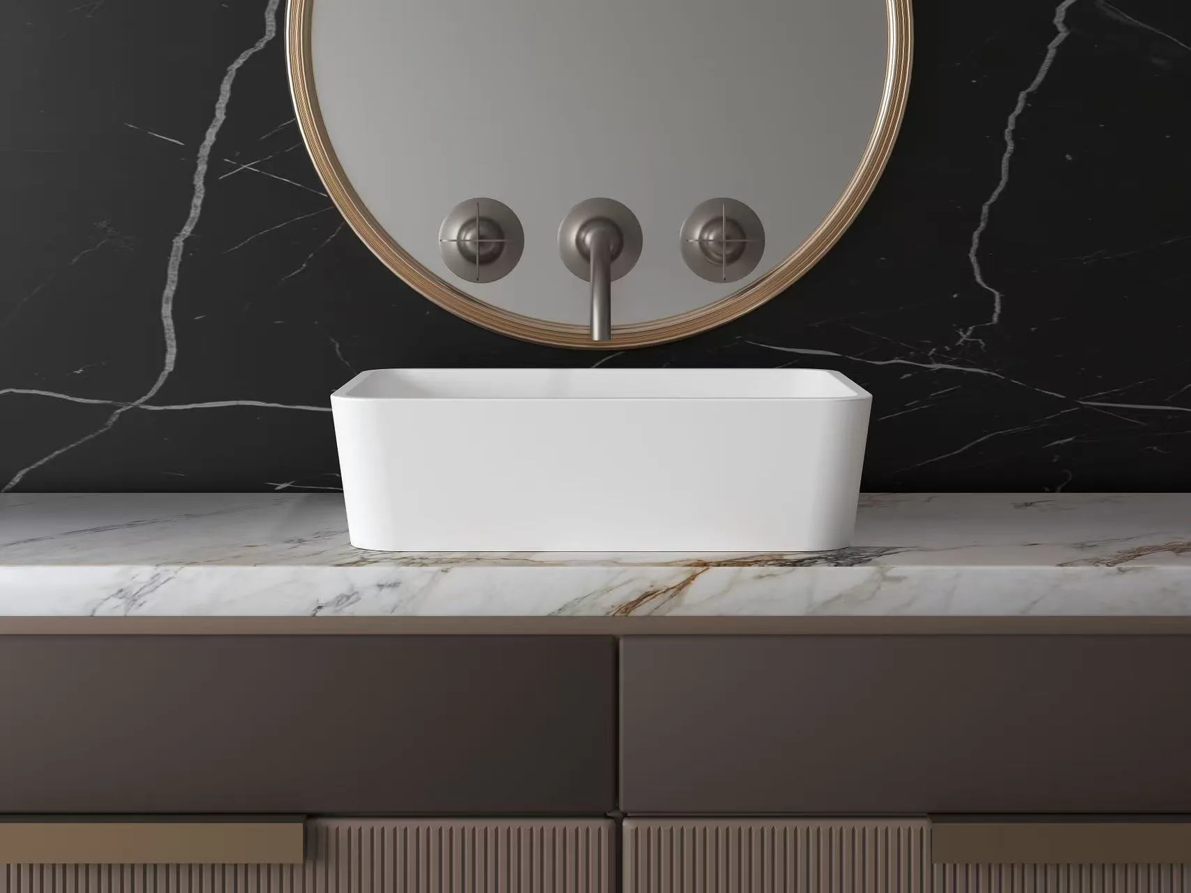Front view of a commercial-grade solid surface rectangular vessel sink resting on a custom ribbed wood cabinet and dark marble countertop.