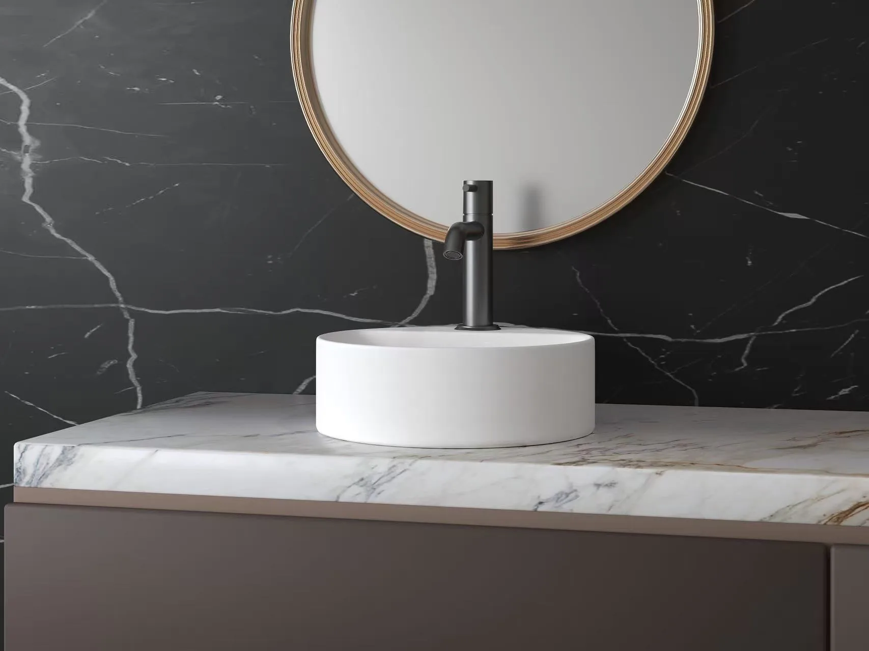 Close-up angled view of a solid surface round vessel sink paired with a modern black faucet on a custom hotel vanity.
