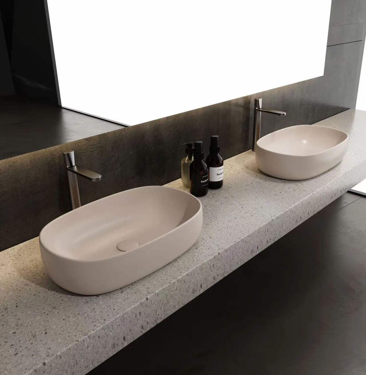 Elegant white Solid Surface Oval Basin resting securely on a luxury terrazzo stone countertop.