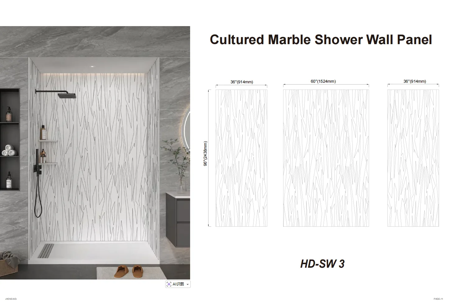 Luxury hotel bathroom rendering showing 3D Cultured Marble Shower Panels with abstract lines.