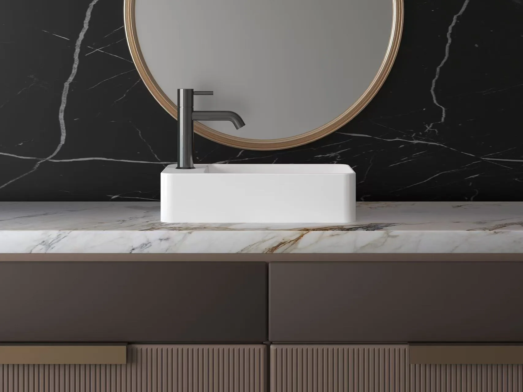 Front architectural view of an asymmetric solid surface rectangular vessel sink mounted on a modern commercial cabinet.