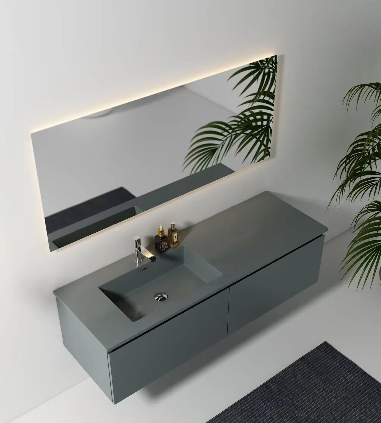 An integrated matte gray Artificial Stone Washbasin seamlessly built into a floating commercial vanity top.