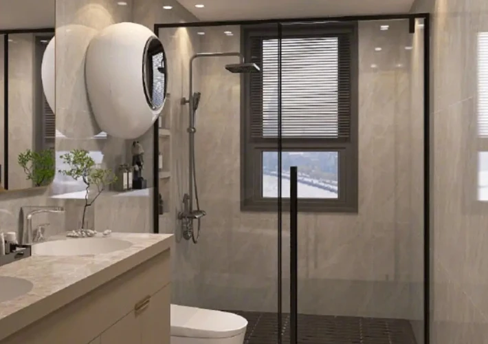 Cultured marble shower panels seamlessly matching a commercial vanity in a luxury hotel bathroom.