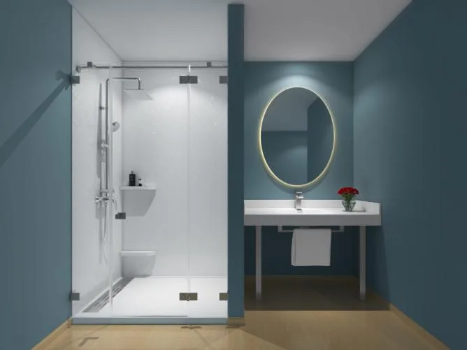 Luxury hotel guest bathroom featuring minimalist design and continuous pattern Commercial Shower Wall Panels.