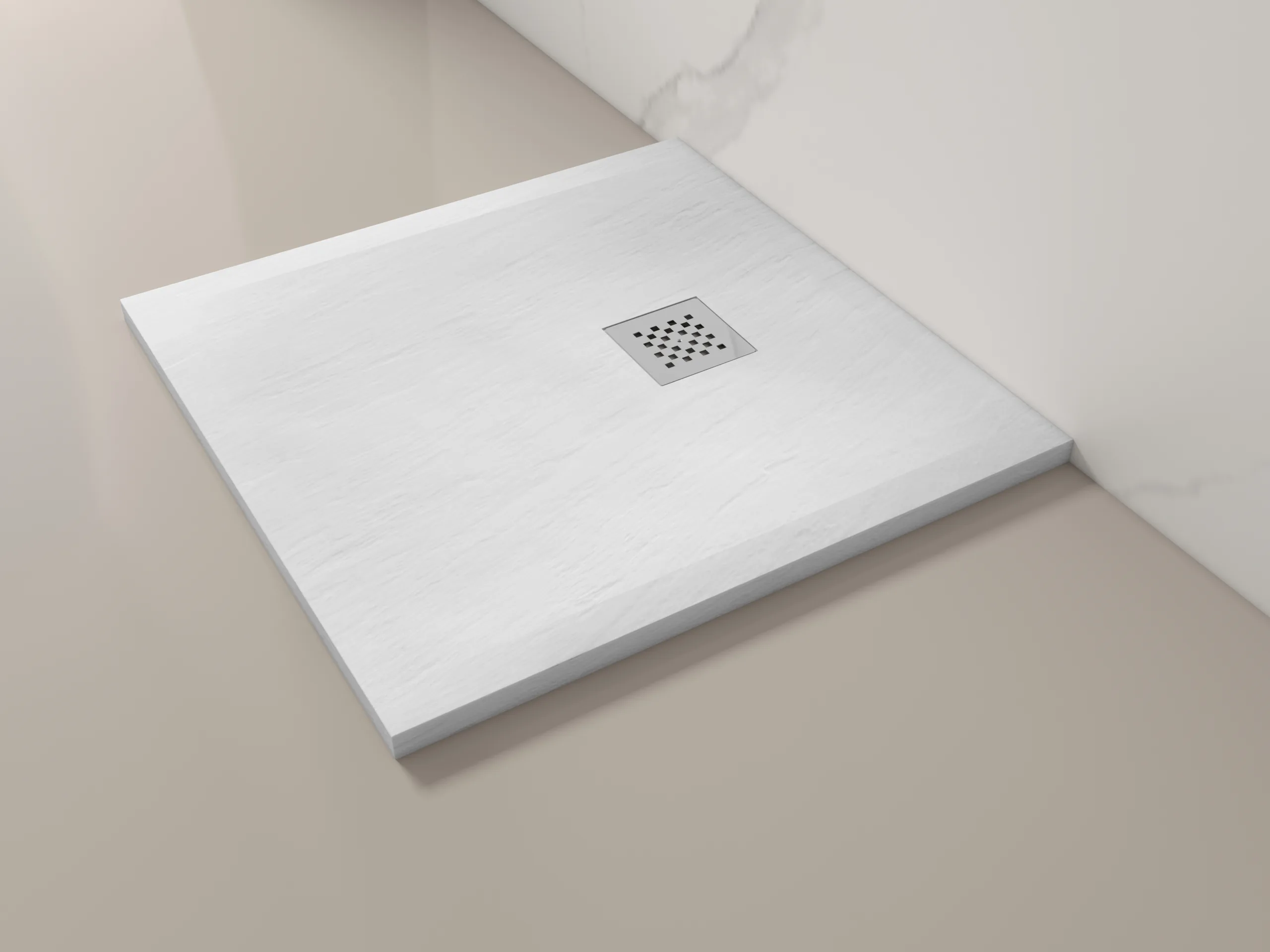 A square textured white Artificial Stone Shower Base with a centered square mesh drain rendering.