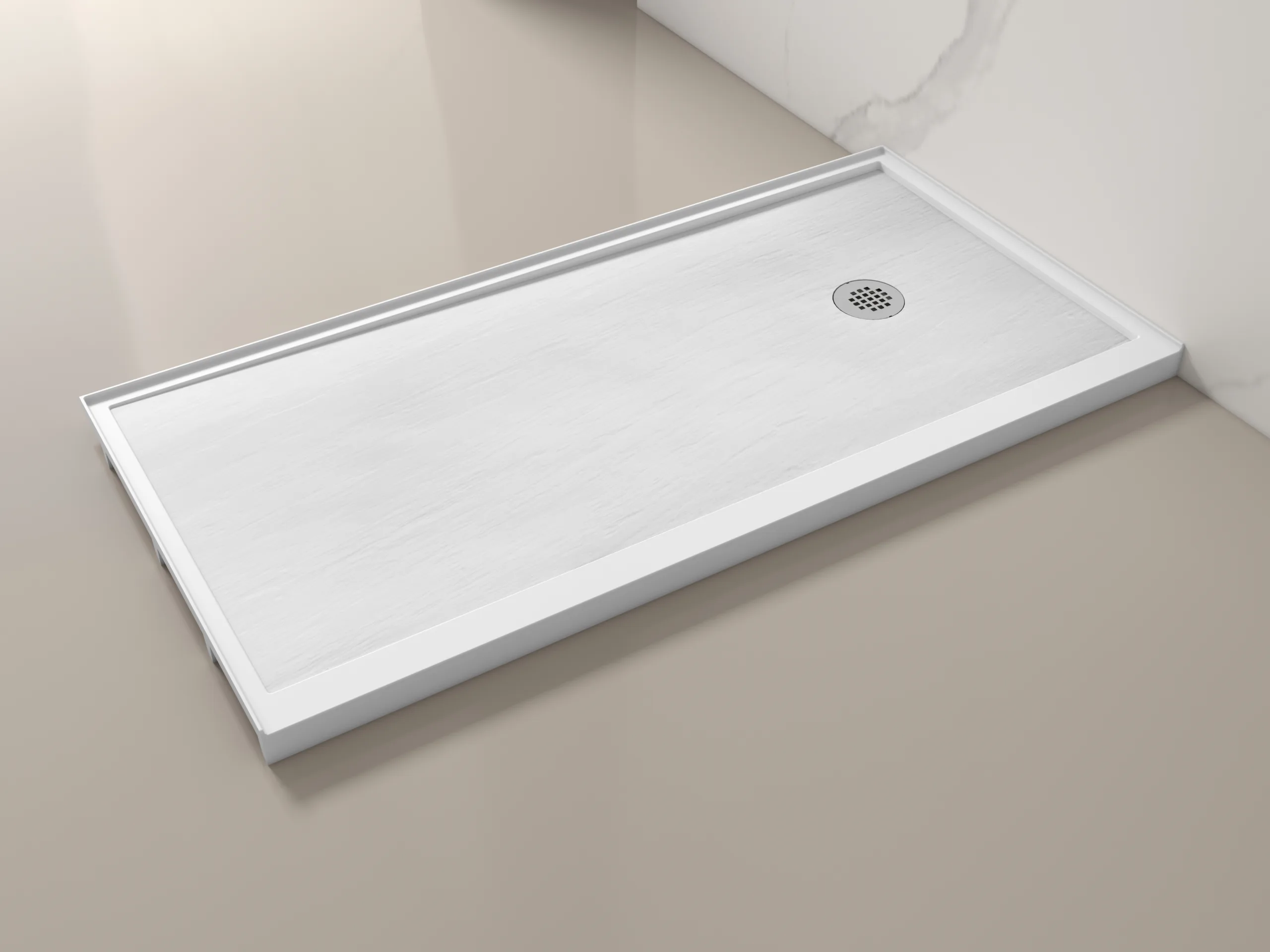 An elongated rectangular Artificial Stone Shower Base with a textured non-slip finish and offset round drain.